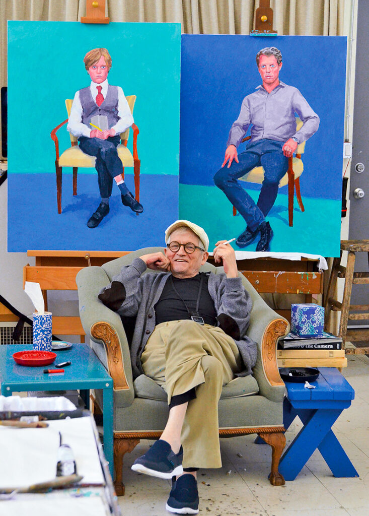 David Hockney artworks: David Hockney in 10 Artworks: David Hockney in his Los Angeles studio, 2016. © David Hockney Photo: Jean-Pierre Goncalves de Lima. Artsy.
