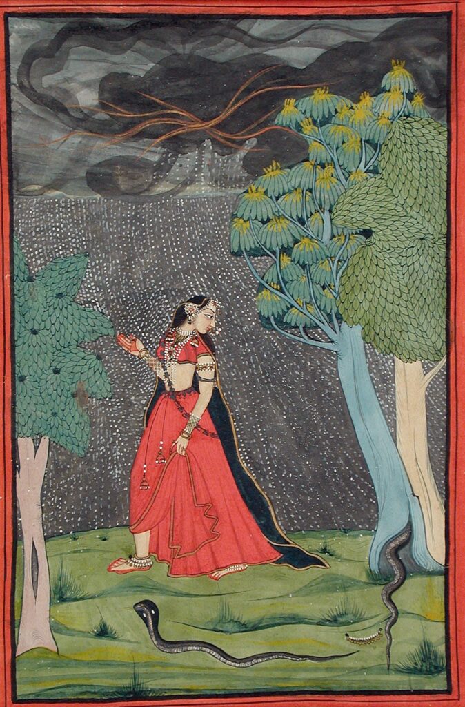 Aṣṭa-Nāyikā: Eager Heroine on Her Way to Meet Her Lover out of Love from a Nayika series, ca. 1770–1833, Los Angeles County Museum of Art, Los Angeles, USA.
