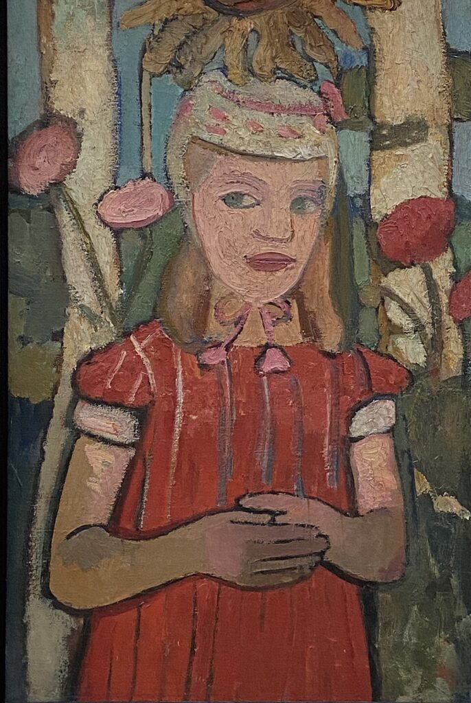 expressionism paintings: Paula Modersohn-Becker, Girl in a Red Dress Standing Under a Sunflower, 1907, private collection. Photograph by Paradise Chronicle via Wikimedia Commons (CC BY-SA 4.0).
