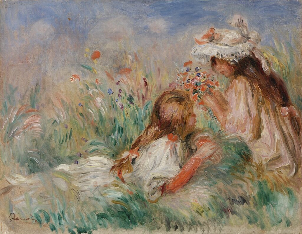 pierre auguste renoir paintings: Pierre-Auguste Renoir, Girls in the Grass Arranging a Bouquet, c. 1890, Barnes Foundation, Philadelphia, PA, USA. Foundation’s website.
