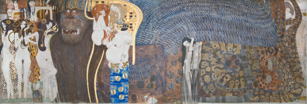 Gustav Klimt paintings: Gustav Klimt, center panel of the Beethoven Frieze, 1902, Secession Building, Vienna, Austria.
