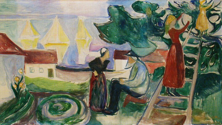 edvard munch freia frieze: Edvard Munch, Harvesting the Tree (The Freia Frieze V), 1922, Freia Hall, Oslo, Norway, Wikimedia Commons (public domain), Detail.

