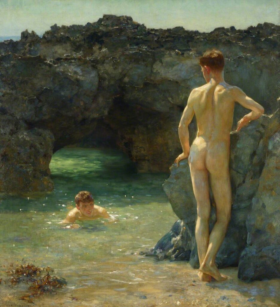 Nude Children in Art: Henry Scott Tuke, The Green Waterways, 1926, Grundy Art Gallery, Blackpool, UK.
