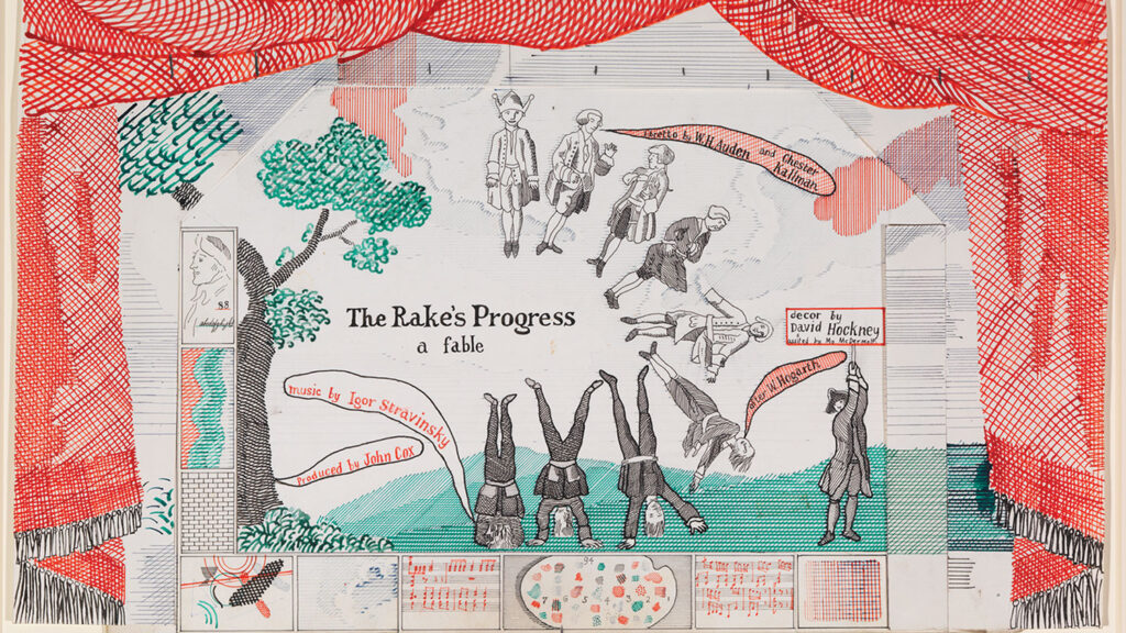 David Hockney artworks: David Hockney in 10 Artworks: David Hockney, Drop curtain for The Rake’s Progress, 1975–1979, collection of the David Hockney Foundation. © David Hockney. Portland Art Museum.
