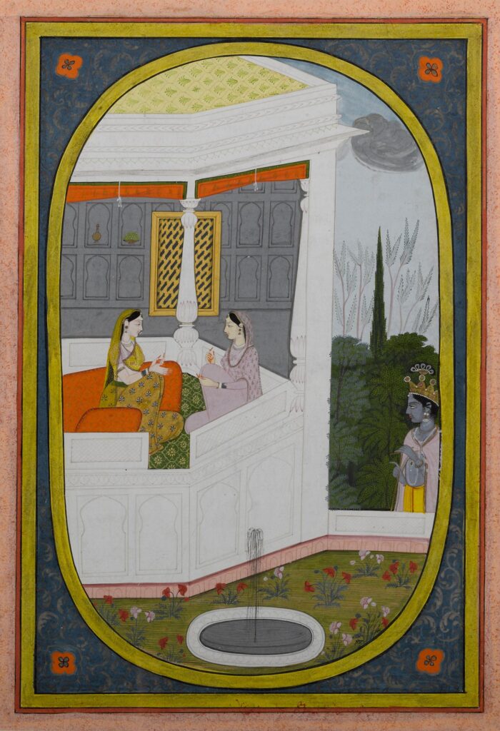 Aṣṭa-Nāyikā: Krishna Eavesdrops on Radha and Her Confidant from a Rasikapriya series, ca. 1810. Bonhams.
