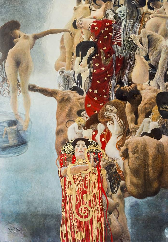 Gustav Klimt paintings: Gustav Klimt, Medicine  (destroyed; recolored with Artificial Intelligence), 1900–1907, University of Vienna, Vienna, Austria. Google Arts & Culture. © Österreichische Galerie Belvedere.
