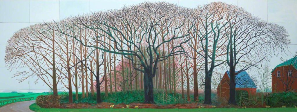 David Hockney artworks: David Hockney in 10 Artworks: David Hockney, Bigger Trees Near Warter Or/Ou Peinture Sur Le Motif Pour Le Nouvel Age Post-Photographique, 2007, Tate, London, UK. © Estate of David Hockney. Image credit: Richard Schmidt. ArtUK.
