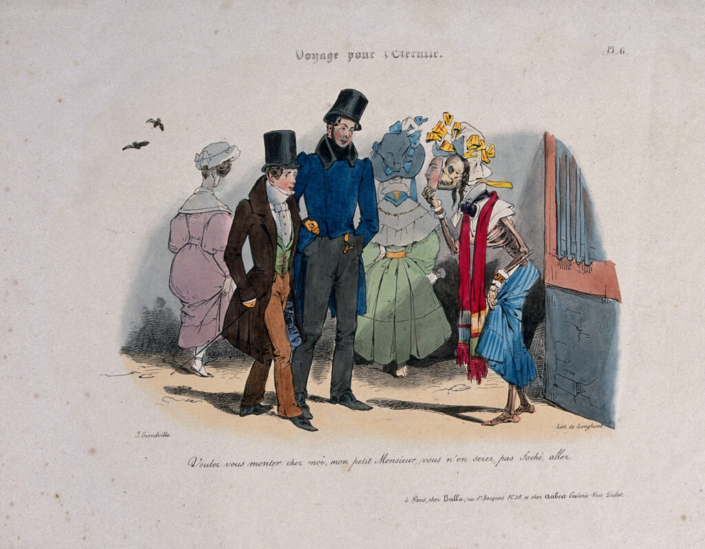 Victorian Syphilis: Jean Ignace Isidore Gerard Grandville, Two Young Men Are Approached by a Prostitute: She Is a Clothed Skeleton Holding a Made-up Mask in Front of her Face, Representing Syphilis, 1830, Wellcome Collection, London, UK.
