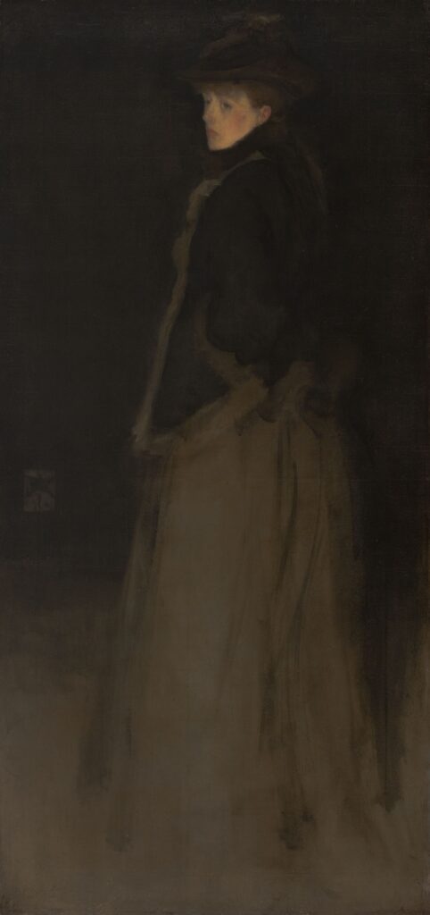 Whistler works: James Abbott McNeill Whistler, Arrangement in Black and Brown: The Fur Jacket,  1876–1877, Worcester Art Museum, Worcester, MA, USA.
