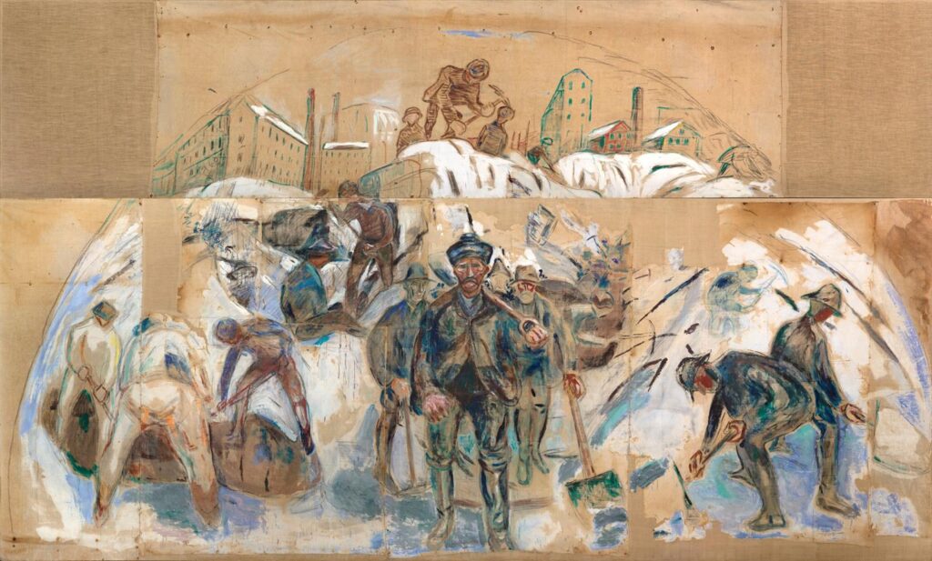 edvard munch freia frieze: Edvard Munch, Workers on the Building Site, draft for a decoration of Oslo City Hall, 1931–1933, Munch Museum, Oslo, Norway.

