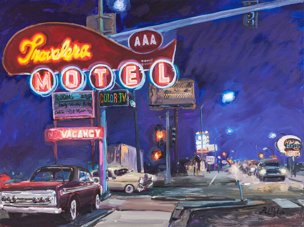 Bob Dylan art: Bob Dylan, Hotel at Night, 2019, from The Beaten Path series. Artist’s website.
