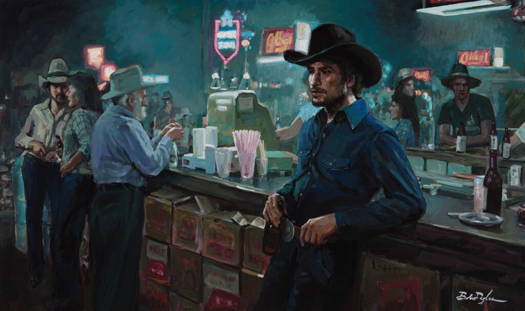 Bob Dylan art: Bob Dylan, Bar Room Cowboy, 2021, from Deep Focus series. Artist’s website.
