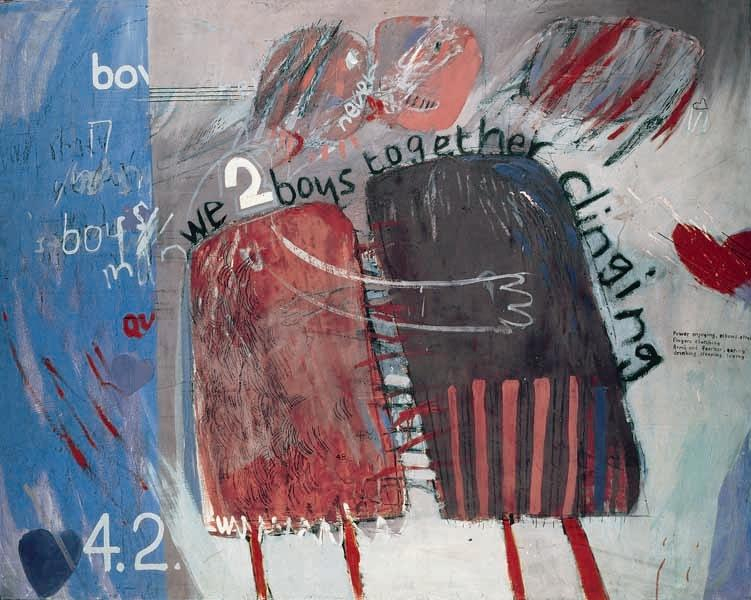 David Hockney artworks: David Hockney in 10 Artworks: David Hockney, We Two Boys Together Clinging, 1961, Art Council Collection, Southbank Centre, London, UK. © David Hockney.
