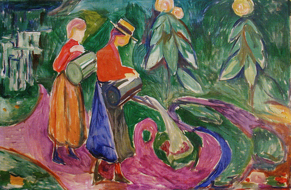 edvard munch freia frieze: Edvard Munch, Girls Watering Flowers (The Freia Frieze IV), 1922, Freia, Oslo, Norway. Wikimedia Commons (public domain).
