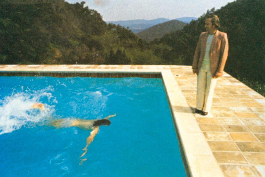 David Hockney artworks: David Hockney in 10 Artworks: Preparatory photograph for Portrait of an Artist (Pool with Two Figures) taken in 1972 at Le Nid du Duc, a villa near Saint-Tropez in the south of France. © David Hockney. Christie’s.
