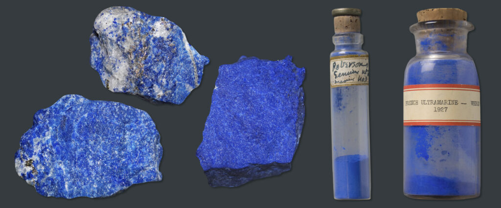 Venetian colors: Pieces of lapis lazuli and ultramarine pigment samples. Fine Art Restoration Company.
