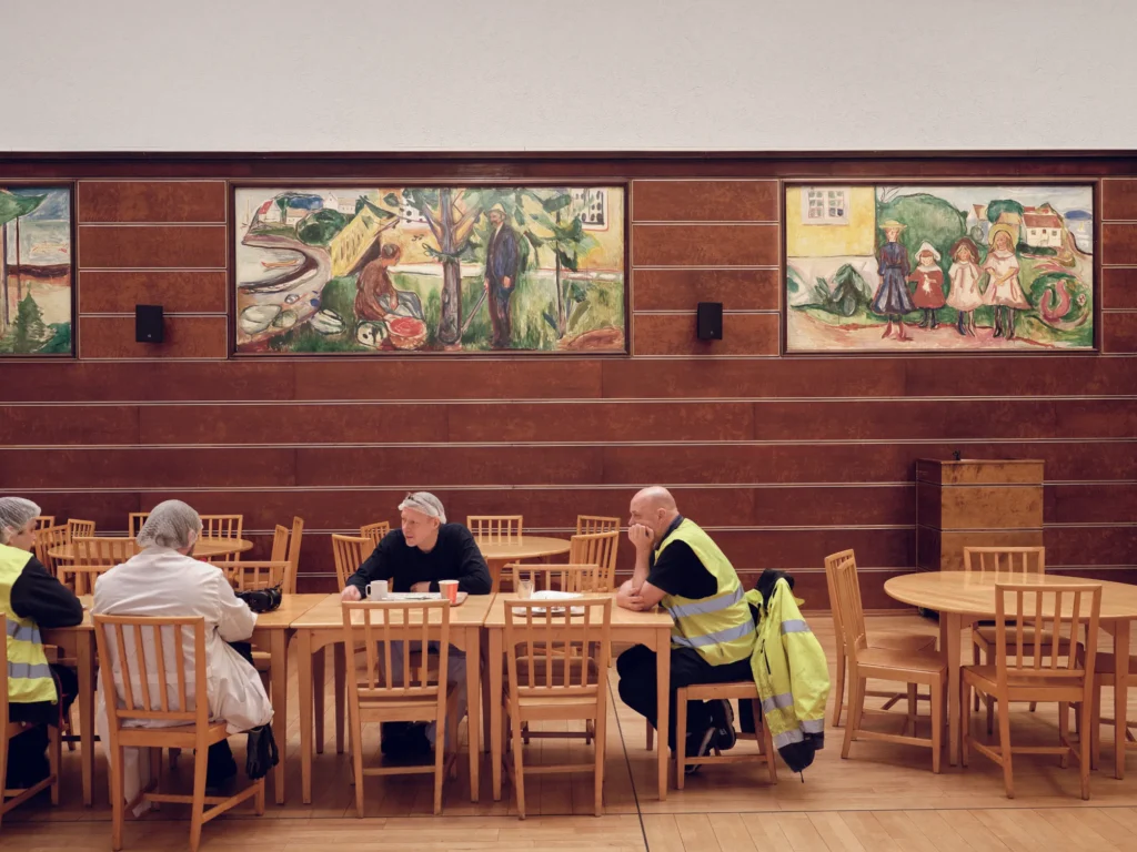 edvard munch freia frieze: Inside the Freia cafeteria. Photography by Julie Hrnčířová and Jan Khür. World of Interiors.
