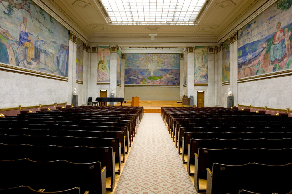 edvard munch freia frieze: The Aula of the University of Oslo, Oslo, Norway. Photo by Jaro Hollan, Munch Museum.
