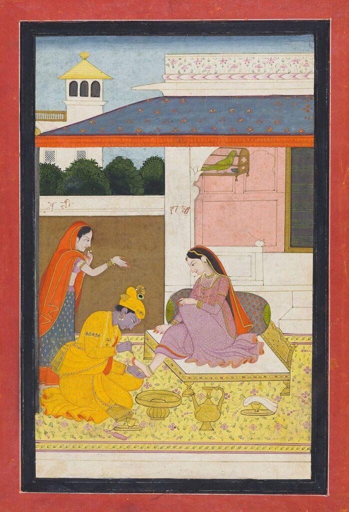 Aṣṭa-Nāyikā: Krishna Paints Radha’s Toenails Red from a Rasikapriya series, ca. 1800, Eva and Konrad Seitz Collection. Francesca Galloway.
