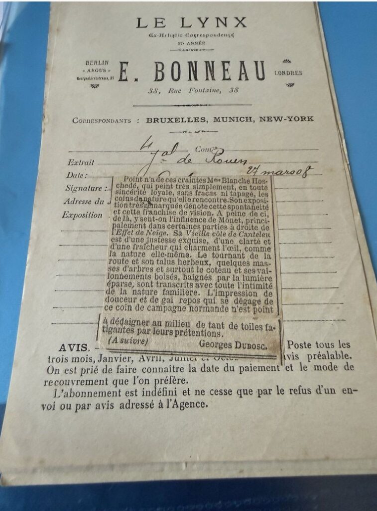 monet's daughter: Press clipping from the Le Lynx dossier, followed by Claude Monet for Blanche Hoschedé-Monet. Courtesy of ArtGiverny / Hoschedé-Butler Archives.
