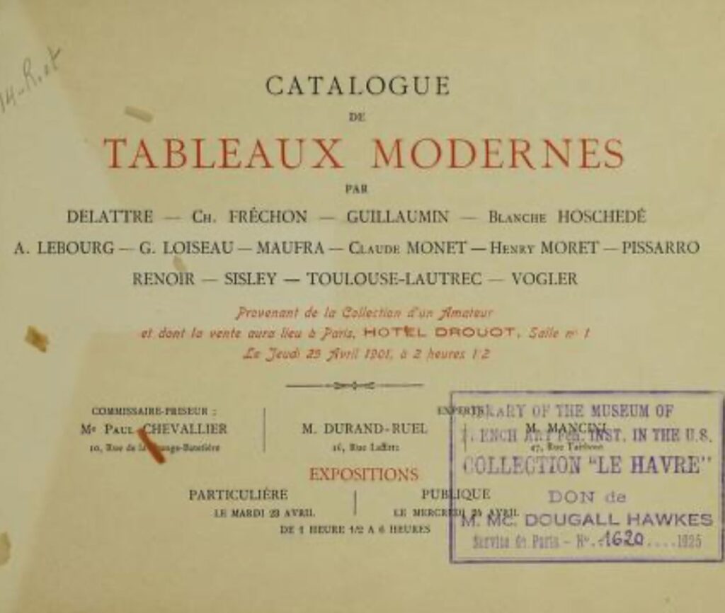 monet's daughter: Catalogue de Tableaux Modernes, Hôtel Drouot, 25 April 1901, listing Blanche Hoschedé alongside Monet, Pissarro, Renoir, Sisley, and Toulouse-Lautrec. Courtesy of ArtGiverny.
