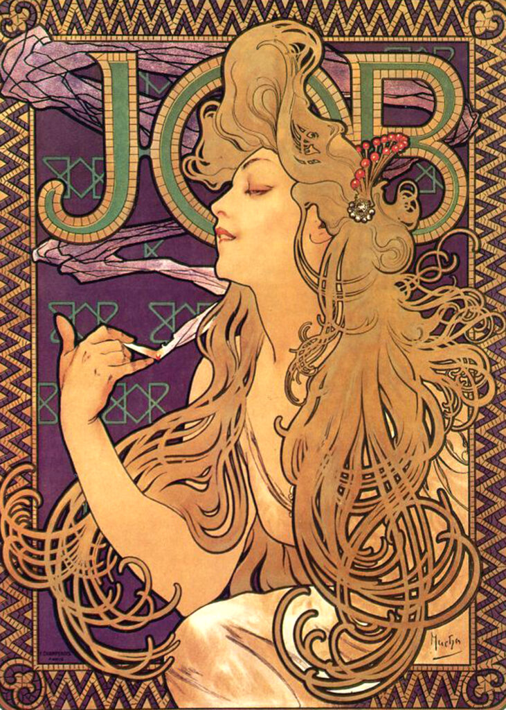Alphonse Mucha artworks: Alphonse Mucha, JOB Cigarette Papers Advertisement (La femme blonde), 1897. Wikimedia Commons (public domain).
