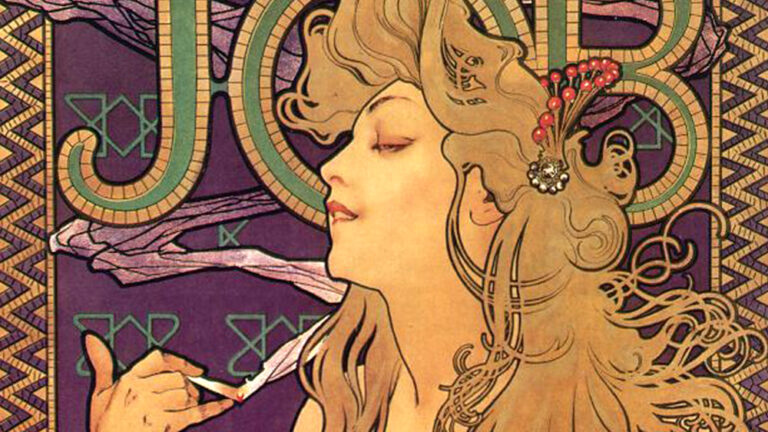 Alphonse Mucha artworks: Alphonse Mucha, JOB Cigarette Papers Advertisement (La femme blonde), 1897. Wikimedia Commons (public domain). Detail.
