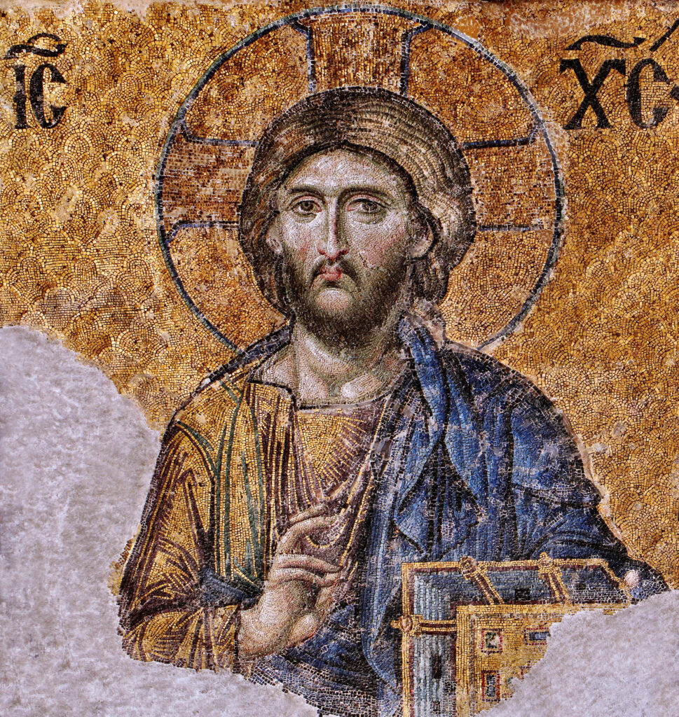 sacred images: Christ Pantocrator mosaic, c. 1261, Hagia Sophia, Istanbul, Turkey. Photograph by Dianelos Georgoudis via Wikimedia Commons (public domain).
