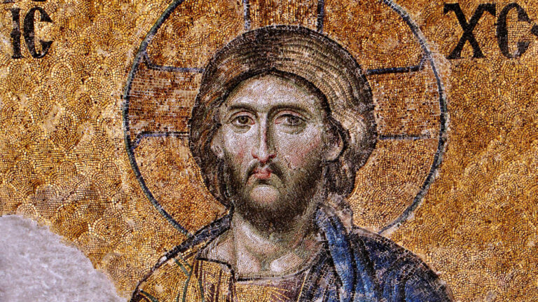 sacred images: Christ Pantocrator mosaic, c. 1261, Hagia Sophia, Istanbul, Turkey. Photograph by Dianelos Georgoudis via Wikimedia Commons (public domain). Detail.
