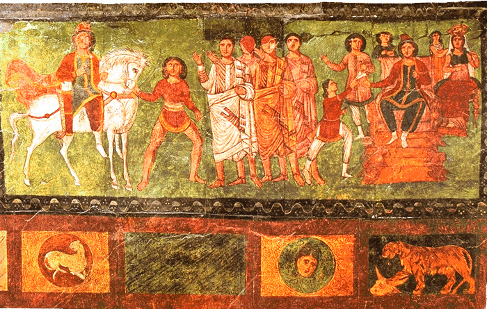 sacred images: Fresco of Esther and Mordechai, c. 244 CE, Dura-Europos Synagogue, Dura-Europos, Syria.
