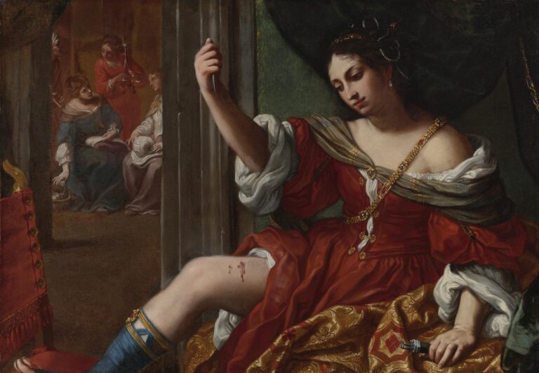 Bologna women artists: Elisabetta Sirani, Portia Wounding Her Thigh, 1664, Collezioni d’Arte e di Storia della Fondazione della Cassa di Risparmio in Bologna, Bologna, Italy. Fondazione Carisbo Digital Collection. Detail.

