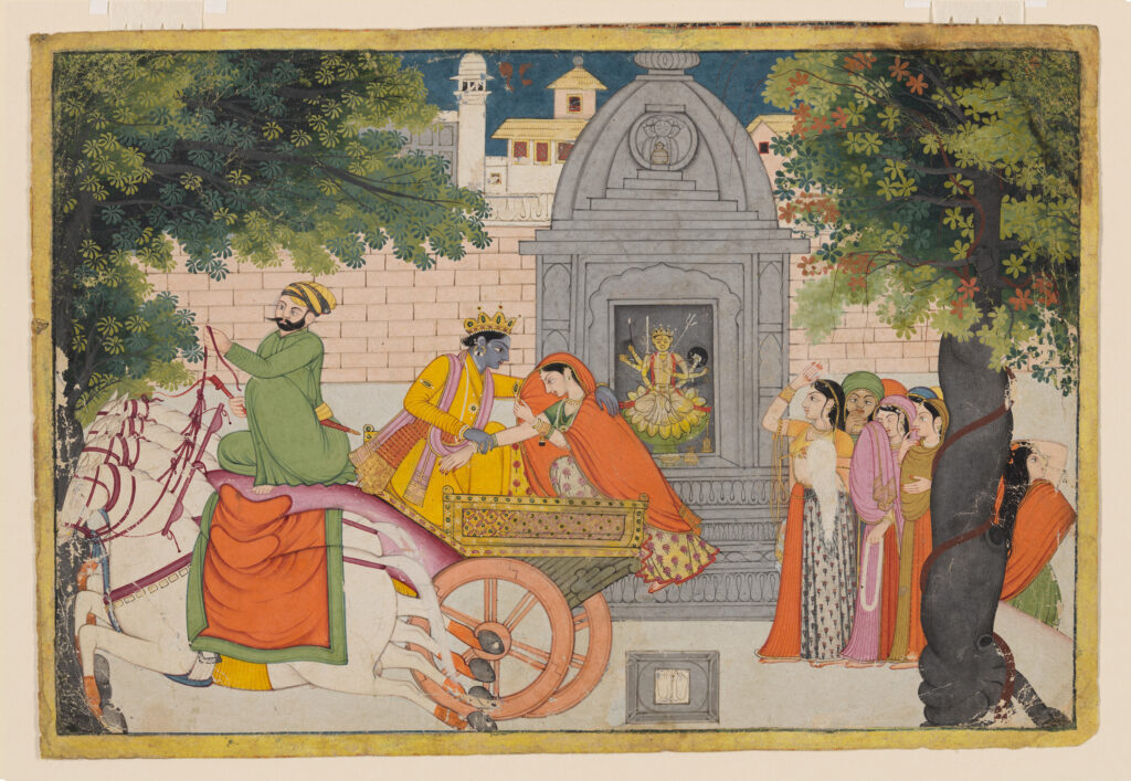DailyArt Magazine birthday: Rukmini Elopes with Krishna, folio from a Bhagavata Purana, India, ca. 1780, National Museum of Asian Art, Washington, DC, USA.
