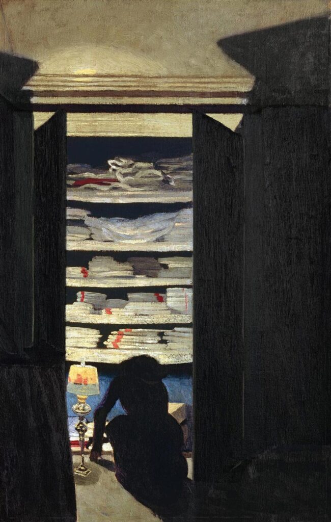 Dinner by Lamplight: Félix Vallotton, Woman Searching Through a Cupboard (Femme fouillant dans un placard), 1901, Private collection. Wikimedia Commons (public domain).
