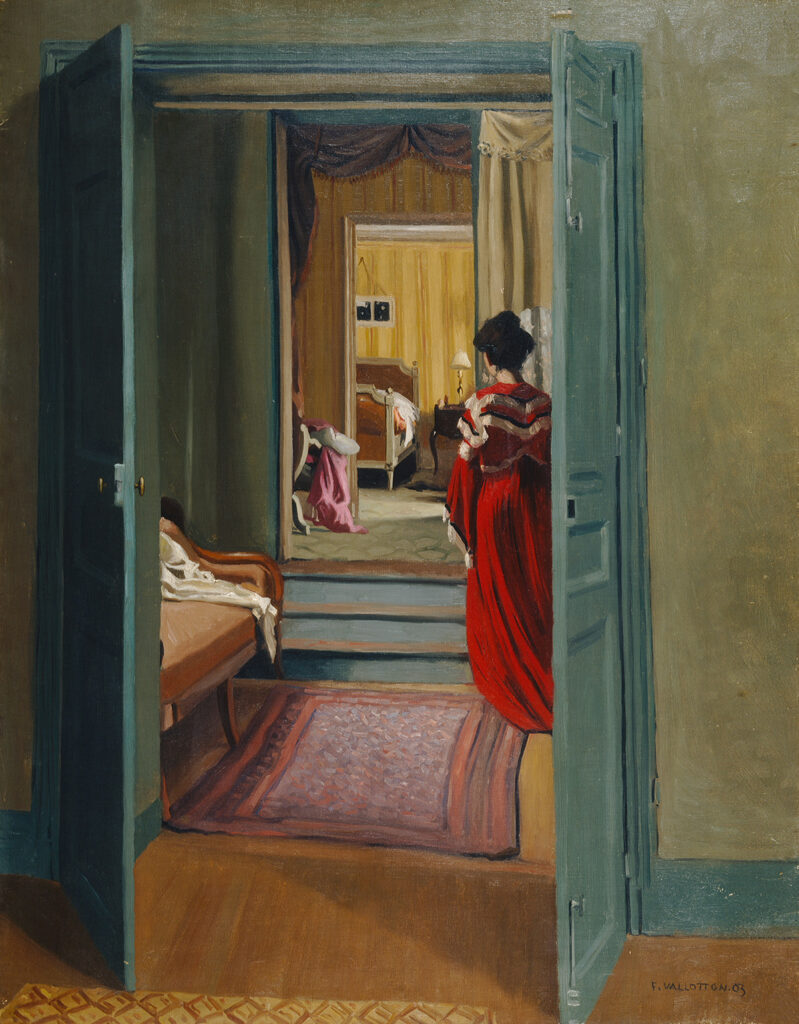 Dinner by Lamplight: Félix Vallotton, Interior with Woman in Red (Intérieur avec femme en rouge de dos), 1903, Kunsthaus Zürich, Switzerland. Wikimedia Commons (public domain).
