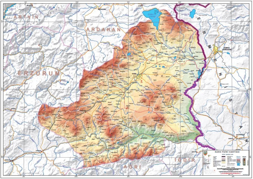 Monument to Humanity: Physical map of Kars Province, Turkey, showing its location in relation to the Armenian border. Harita Genel Müdürlüğü.
