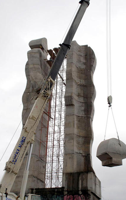 Monument to Humanity: Dismantling of Mehmet Aksoy’s Monument to Humanity, 2011, Kars, Turkey. NTV.
