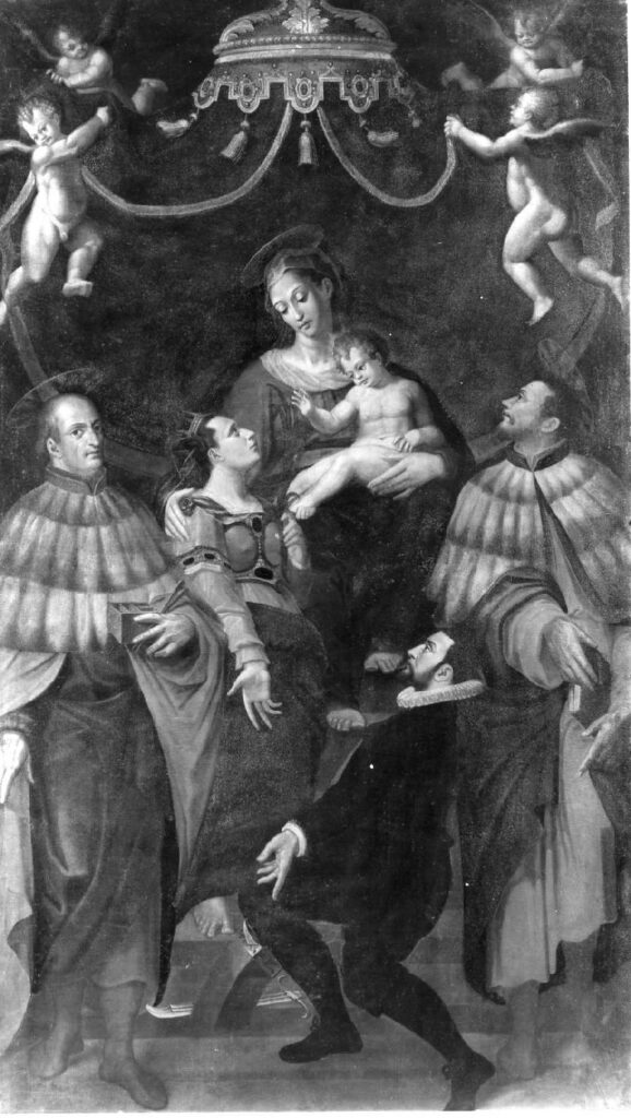 Bologna women artists: Lavinia Fontana, Madonna Enthroned with the Christ Child, Saint Catherine of Alexandria, Saints Cosmas and Damian, and the Patron Scipione Calcina, 1589, Basilica di San Giacomo Maggiore, Bologna, Italy. Catalogo generale dei Beni Culturali.
