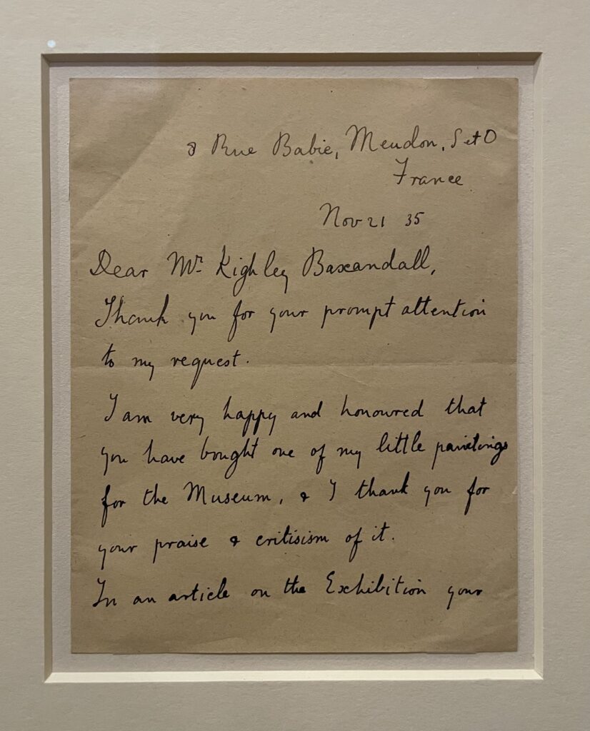 Gwen John Girl in a Blue Dress: Gwen John, Letter to Museum Wales on the purchase of her painting Girl in a Blue Dress, 1935, National Museum Cardiff, Cardiff, UK. Photograph by the author.
&nbsp;
