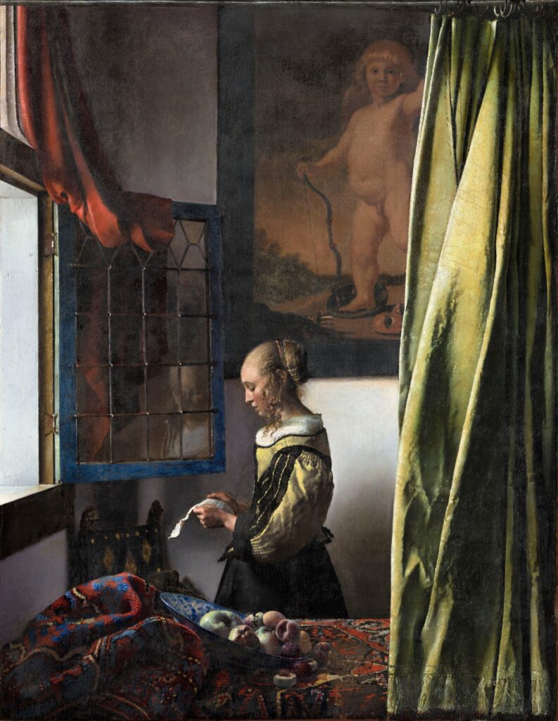 DailyArt Magazine birthday: Johannes Vermeer, Girl Reading a Letter at an Open Window, c. 1657–1659, Gemäldegalerie Alte Meister, Staatliche Kunstsammlungen Dresden, Germany.
