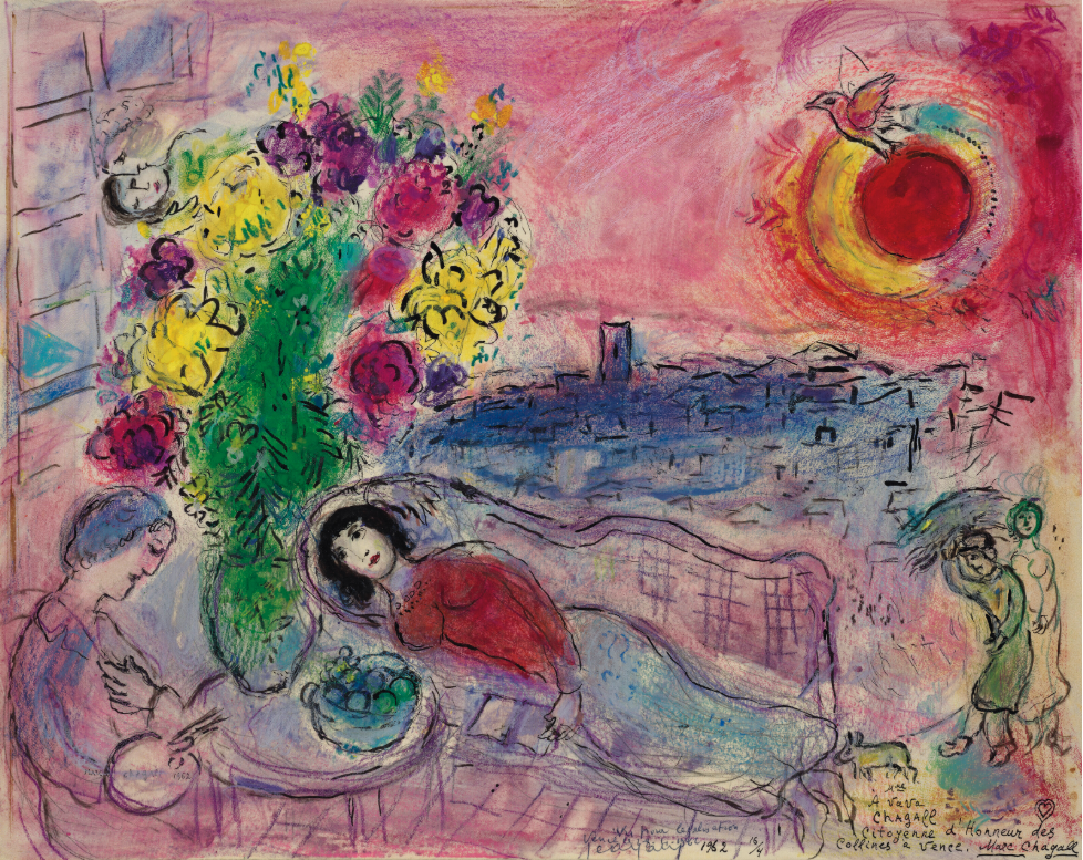 DailyArt Magazine birthday: Marc Chagall, A Vava Chagall, citoyenne d’honneur des Collines à Vence, 1962, private collection. Christie’s.
