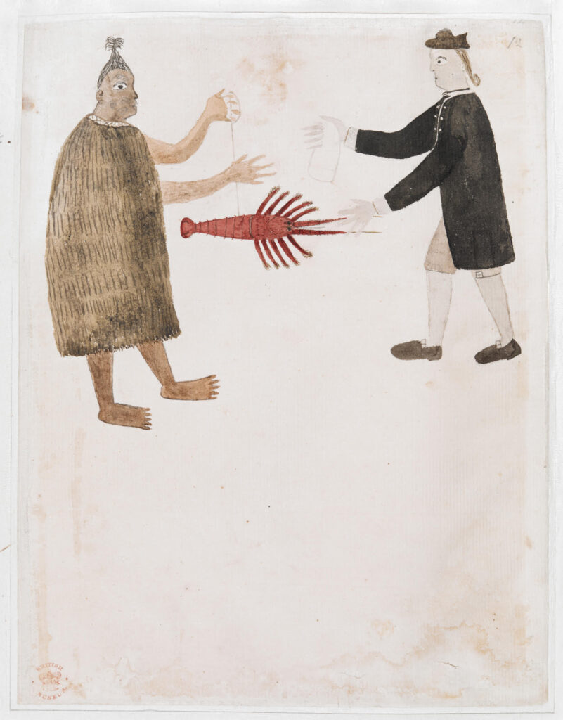 DailyArt Magazine birthday: Caption: Tupaia (previously Artist of the Chief Mourner), A Māori Bartering a Crayfish with Joseph Banks, 1769, British Library, London, UK.
