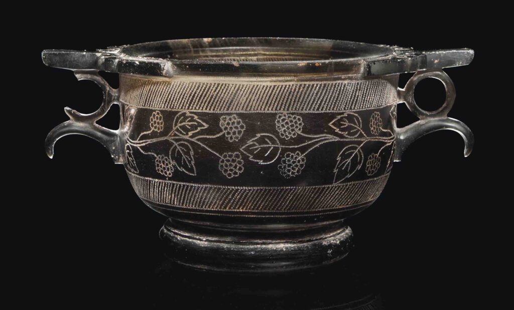 Obsidian rock: Roman obsidian skyphos, ca. 1st century BCE—1st century CE. Christie’s.
