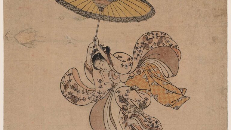 falling in art: Suzuki Harunobu, Young Woman Jumping from the Kiyomizu Temple Balcony with an Umbrella as a Parachute, 1765, Museum of Fine Arts, Boston, MA, USA. Detail.
