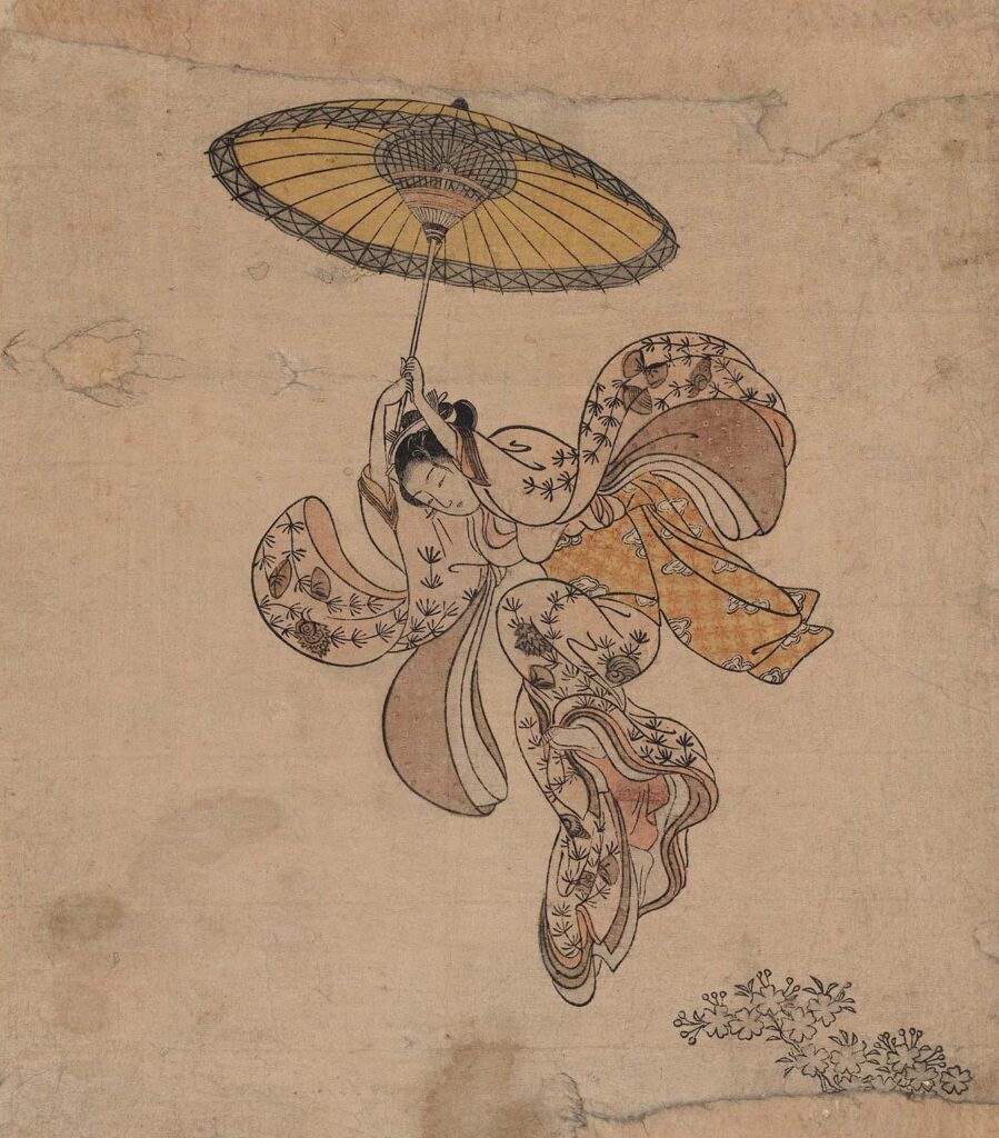 falling in art: Falling in art: Suzuki Harunobu, Young Woman Jumping from the Kiyomizu Temple Balcony with an Umbrella as a Parachute, 1765, Museum of Fine Arts, Boston, MA, USA.
