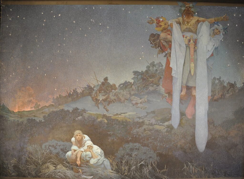 Alphonse Mucha artworks: Alphonse Mucha, The Slavs in Their Original Homeland from The Slav Epic cycle, 1912, Prague City Gallery, Prague, Czech Republic.
