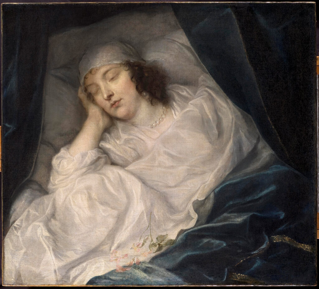 Venetia on Her Deathbed: Anthony van Dyck, Venetia, Lady Digby, on Her Deathbed, 1633, Dulwich Picture Gallery, London, UK. Wikimedia Commons (public domain).
