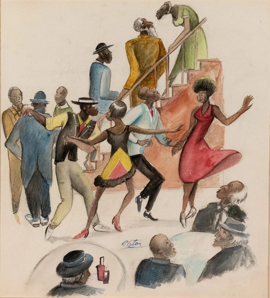 Harlem Renaissance paintings: Charles Alston, Jazz Club, ca. 1938–1939. MutualArt.
