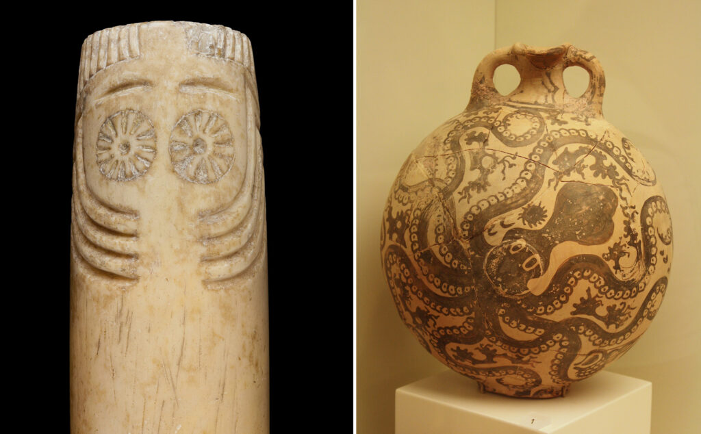 Idol of Extremadura: Left: Idol of Extremadura, ca. 2500 BCE, National Museum of Archaeology, Madrid, Spain. Photo by Verónica Schulmeister Guillén. Detail.; Right: Minoan amphora with a typical octopus motif, ca. 1500 BCE, Heraklion Archaeological Museum, Heraklion, Greece. Photo: Mark Cartwright (CC BY-NC-SA) via World History Encyclopedia.
