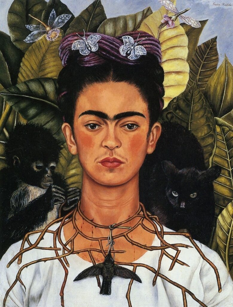 cat artworks quiz: Self-Portrait with Thorn Necklace and Hummingbird, 1940, Harry Ransom Center, Austin, TX, USA.