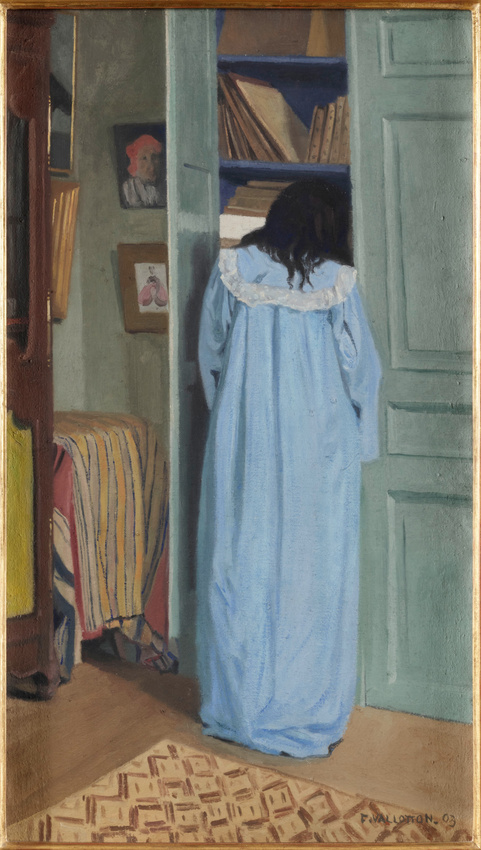 Dinner by Lamplight: Félix Vallotton, Interior, Woman in Blue Searching in a Cupboard (Intérieur, femme en bleu fouillant dans une armoire), 1903, Musée d’Orsay, Paris, France. Museum’s website.
